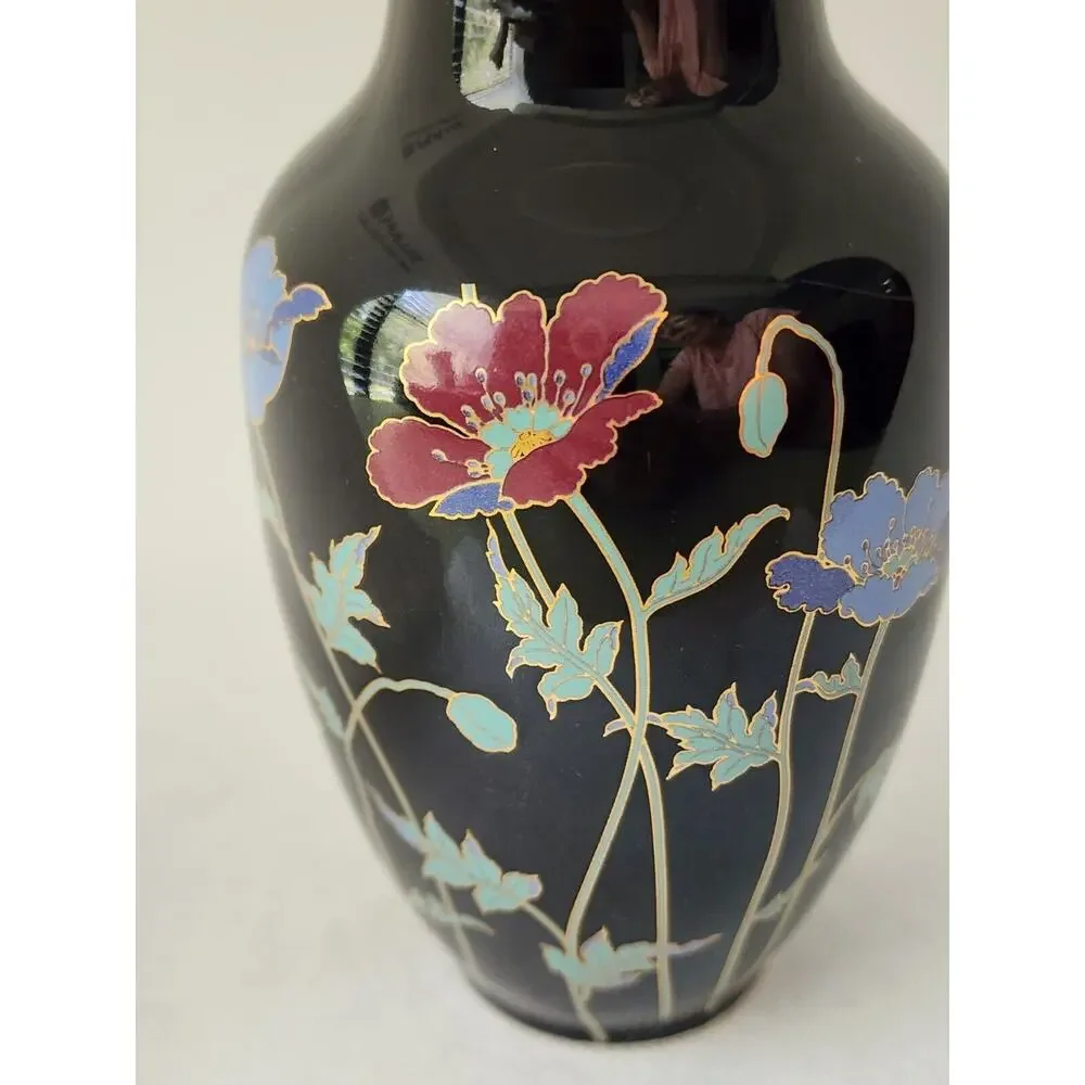 Japanese Black Floral Vase Gold Trim Poppy Design 6